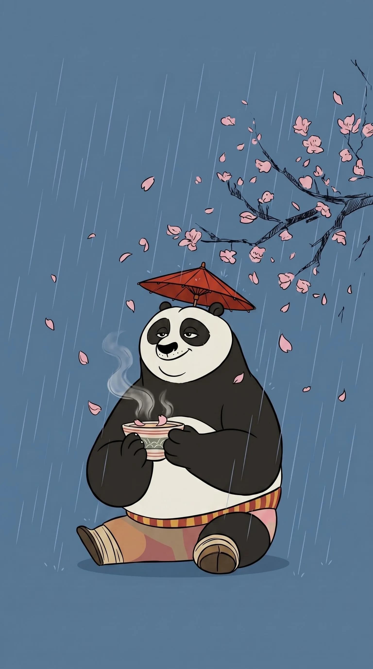 Panda Eating Soup Under Umbrella
