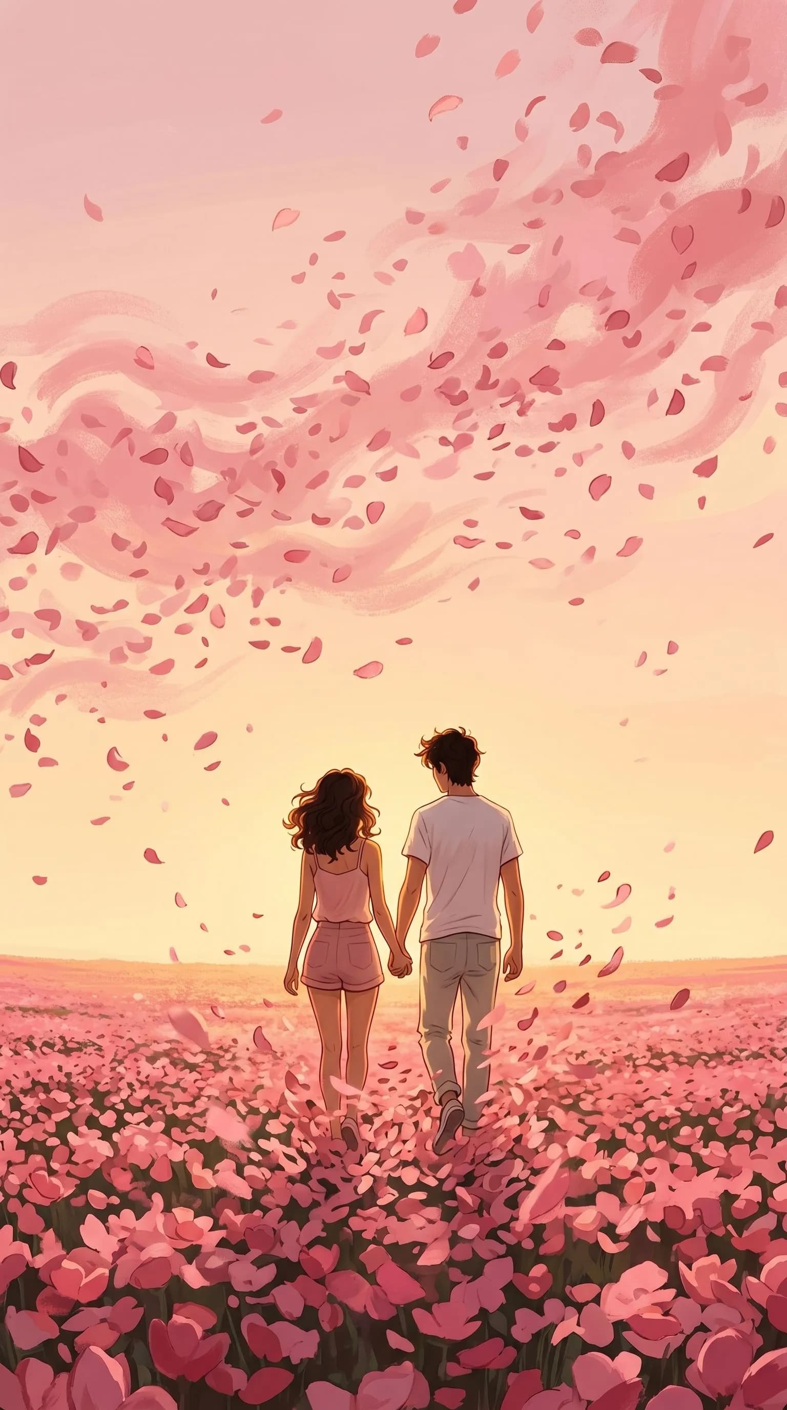Couple Walking In Petal Field