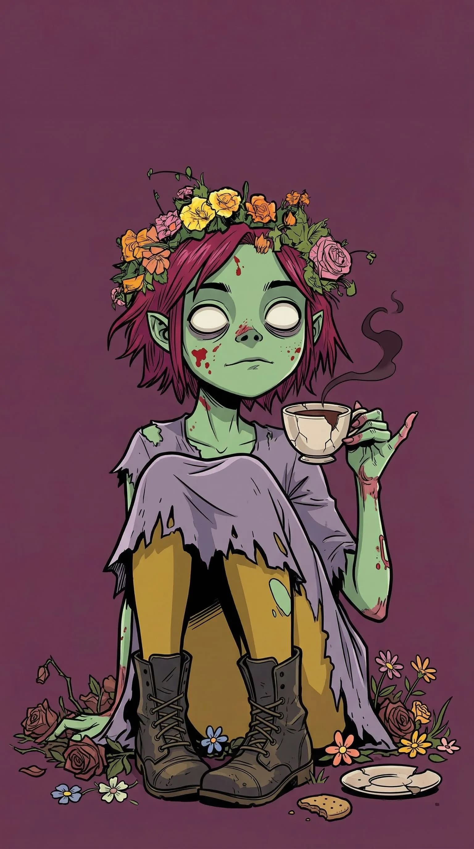 Bloody Floral Zombie Holding Teacup