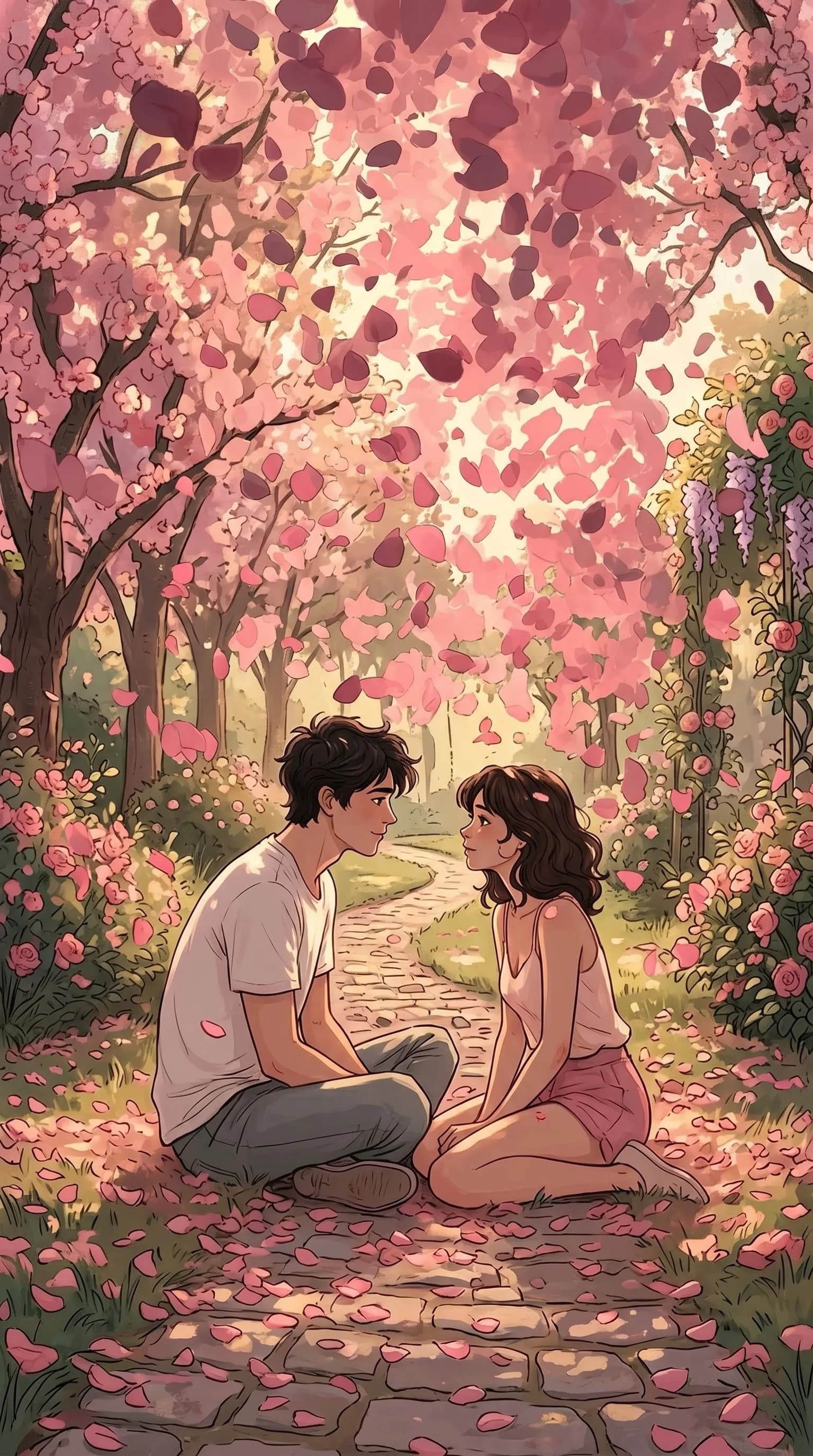 Couple Paused In Flower Alley