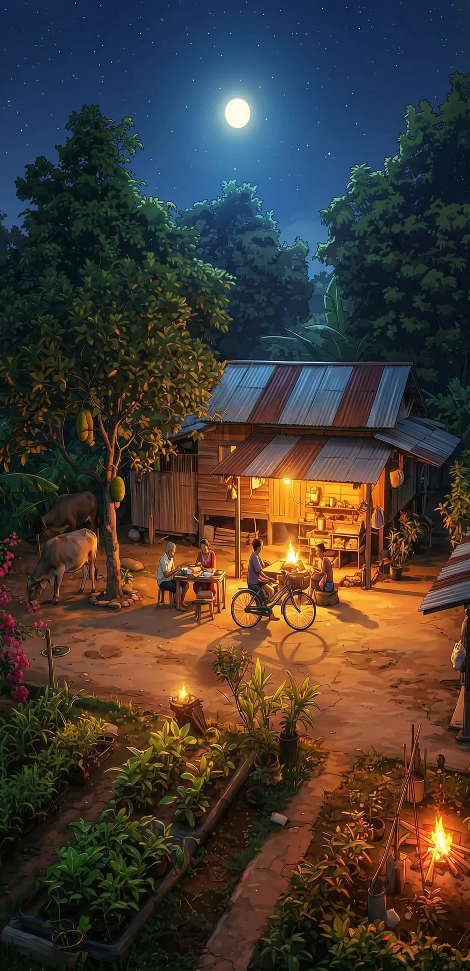 Moonlit Village Gathering