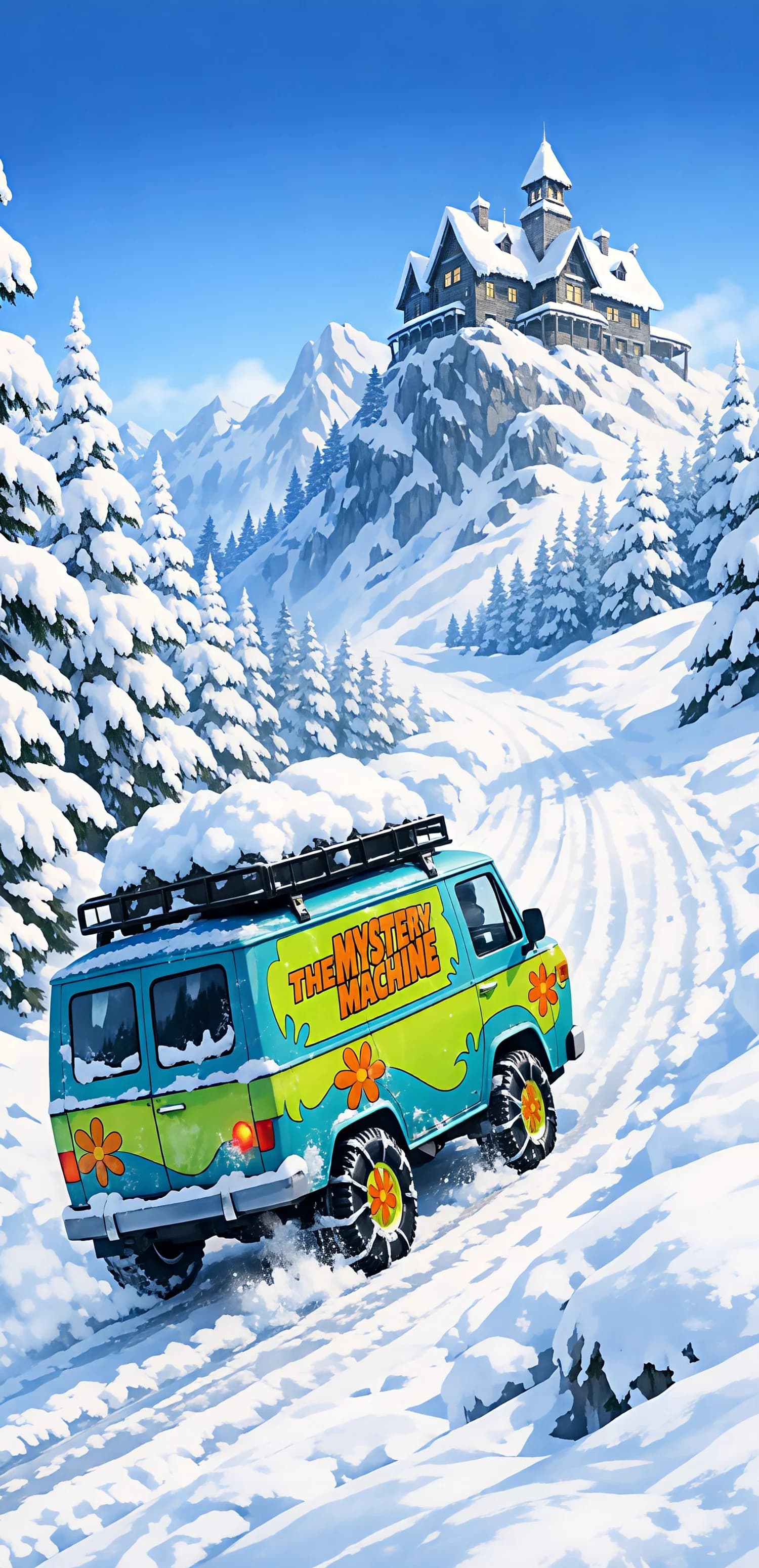 Mystery Machine in Snowy Mountains