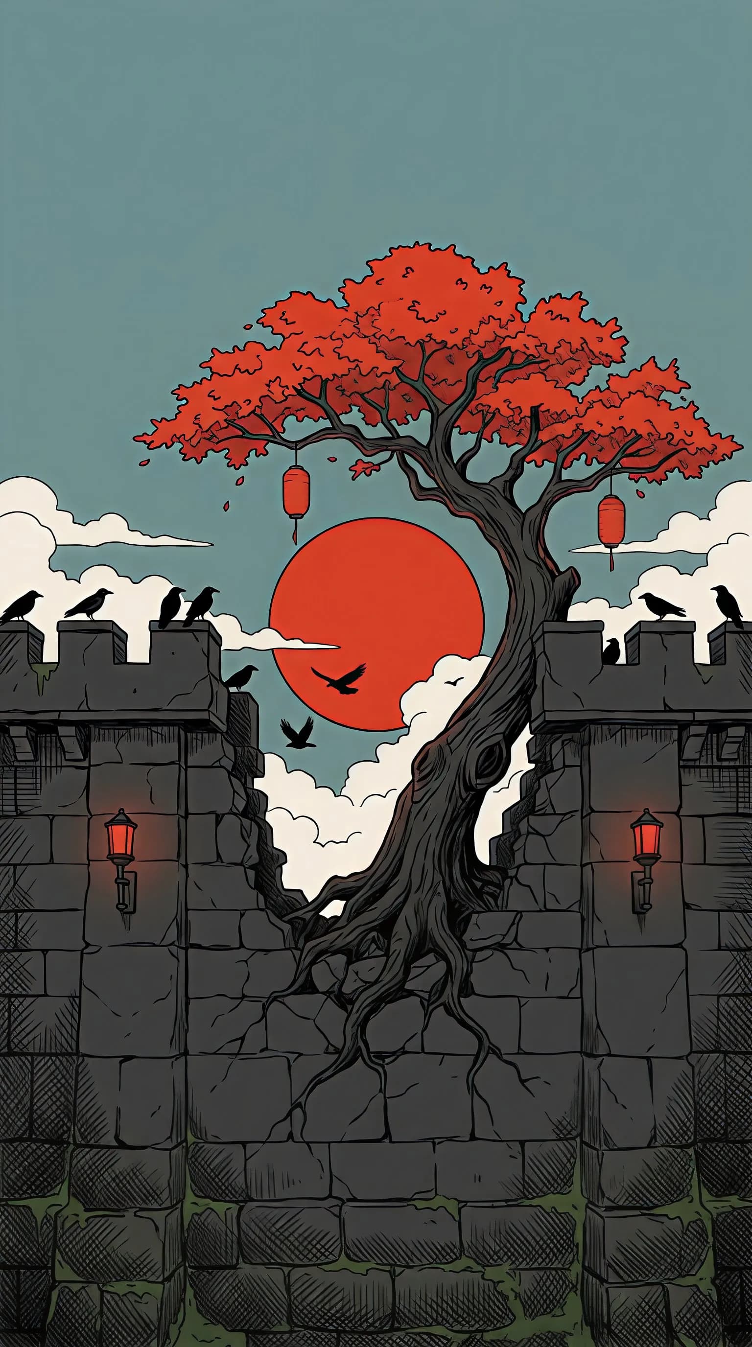 Autumn Tree on Ancient Wall