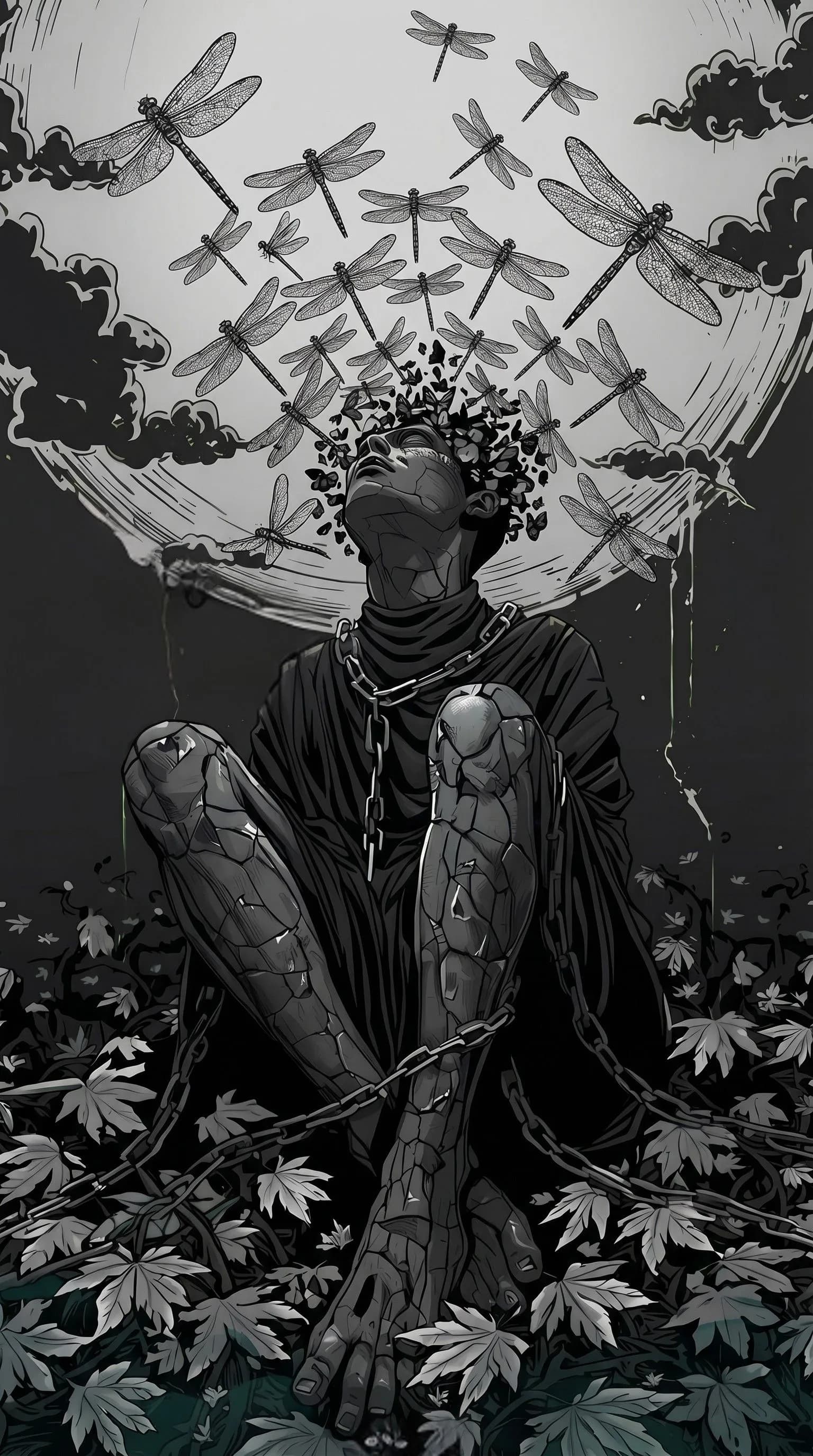 Enigmatic Figure Under Dragonflies