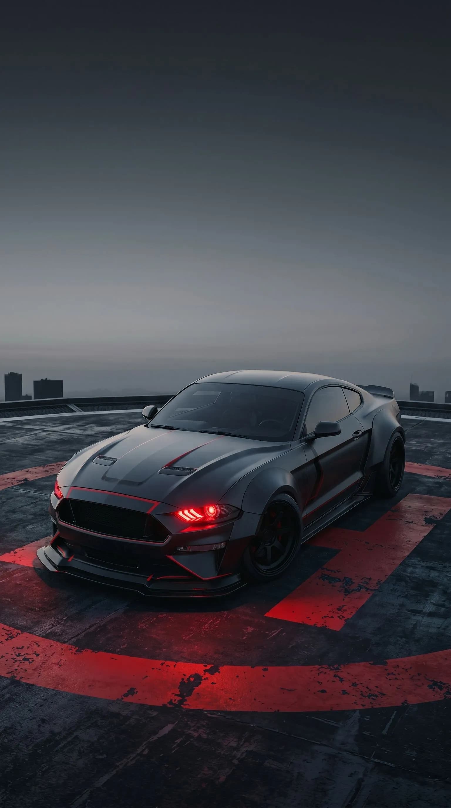 Muscle car on skyscraper helipad