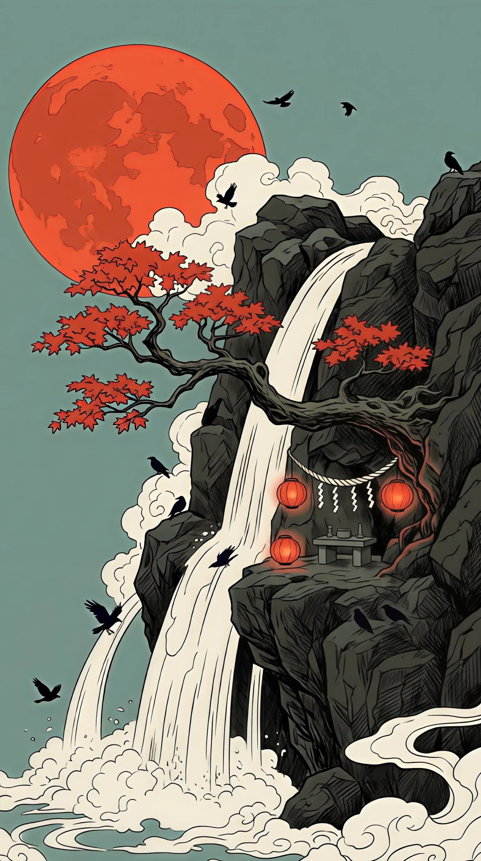 Mystic Waterfall Under the Red Moon