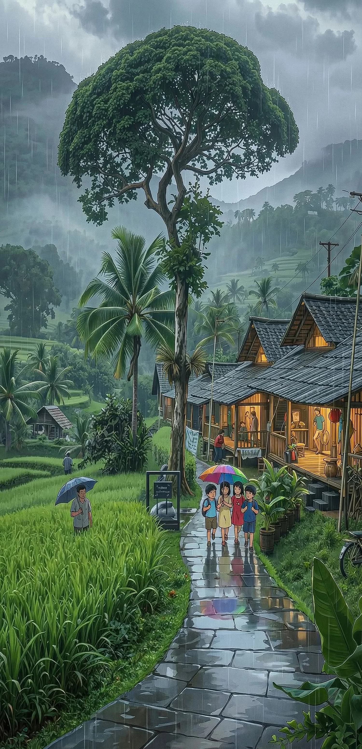 Rainy Village Scene