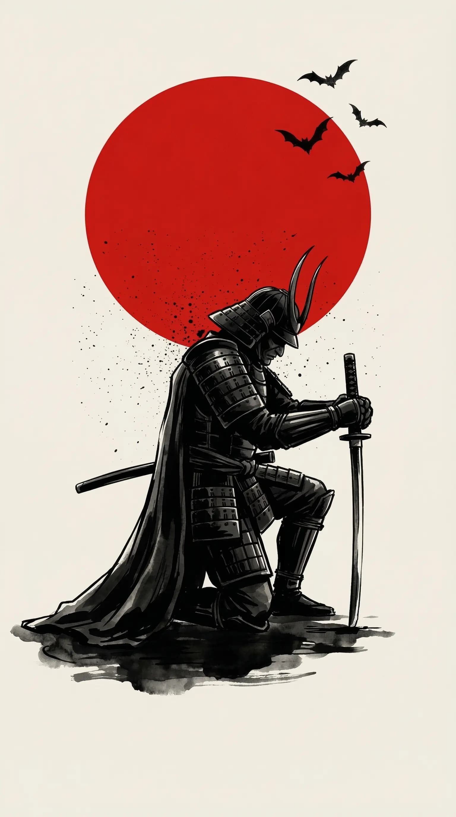 Samurai in Front of Red Sun