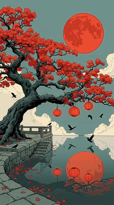 Vibrant Autumn Moonlit Serenity wallpaper thumbnail