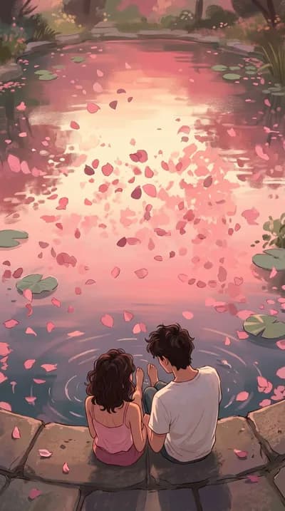 Couple Sitting At Garden Pond wallpaper thumbnail