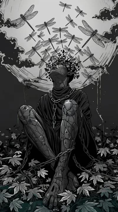 Enigmatic Figure Under Dragonflies wallpaper thumbnail