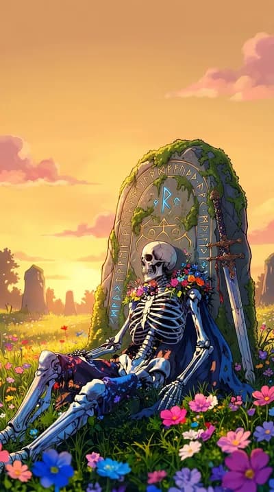 Elegant Skeleton in a Vibrant Meadow wallpaper thumbnail