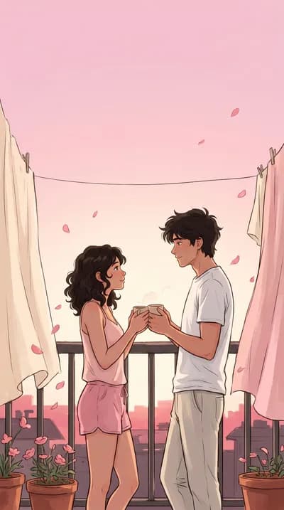 Couple Sharing Coffee On Balcony wallpaper thumbnail